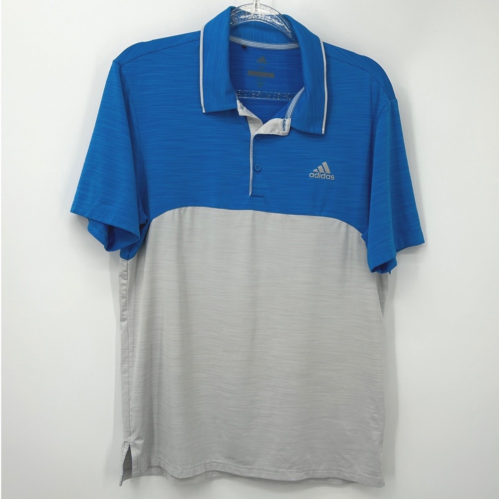 Adidas Golf Mens Medium Blue Grey Colorblock Performance Polo Shirt Short Sleeve